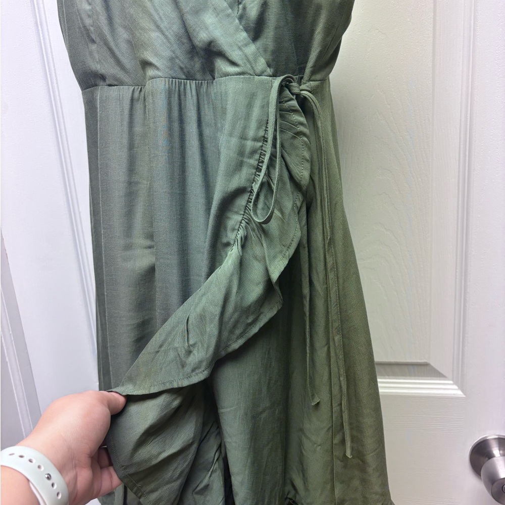 Altar’d State Olive Green Wrap Ruffle Mini Dress – Size M - Picture 3 of 8